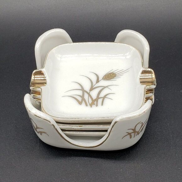 Lefton White Gold Wheat Design Vintage Personal Porcelain Ashtrays with Holder - Picture 5 of 11